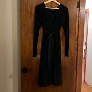 BCBG Navy V-Neck Empire Waist Long Sleeve Belted Dress